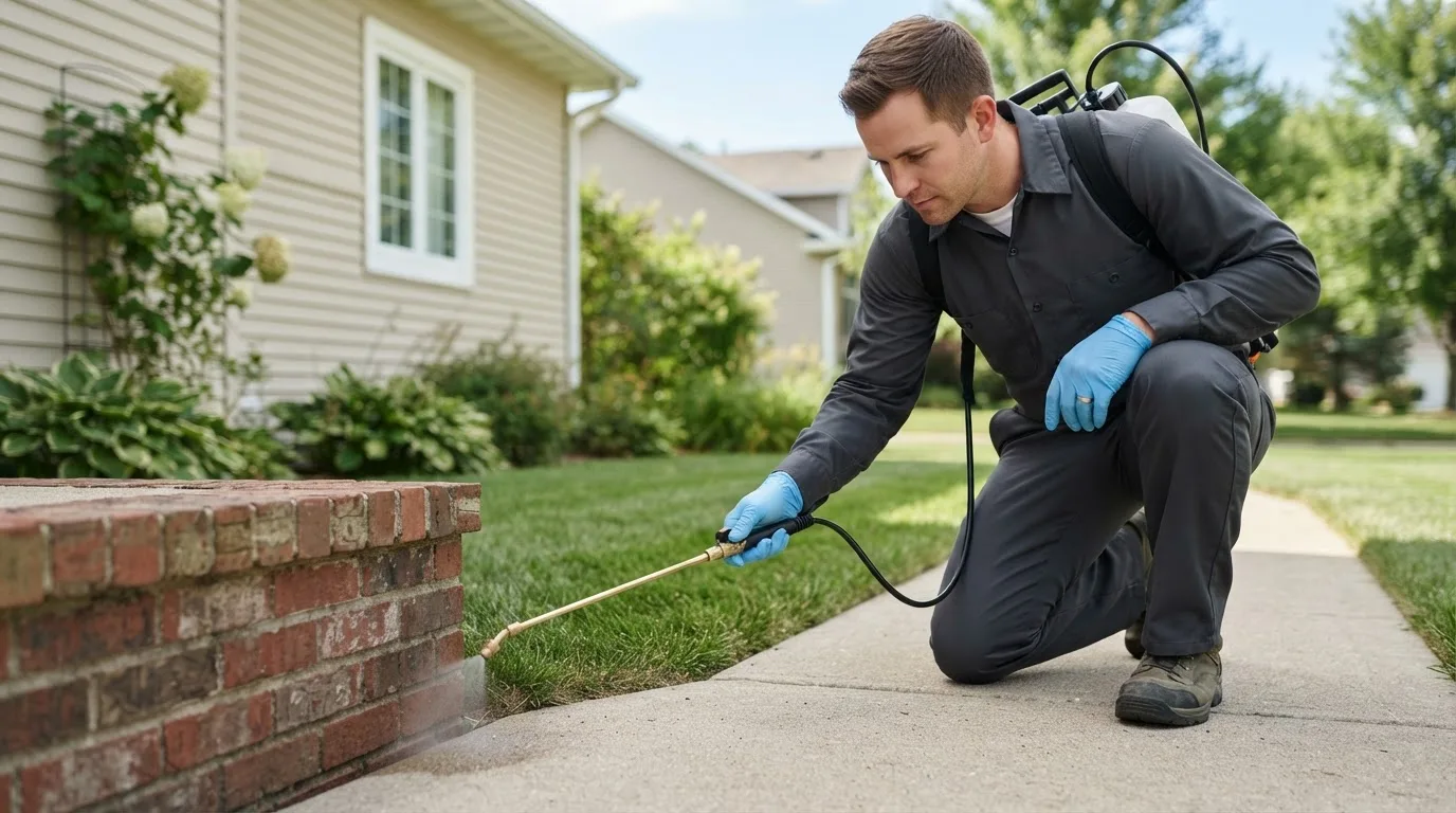 Pest control technician treating a home near Le Roy, KS